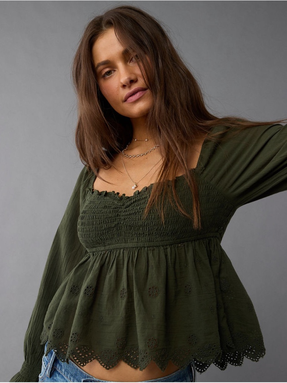 American Eagle Smocked Babydoll Top Size S Olive Green Eyelet Boho Cottagecore